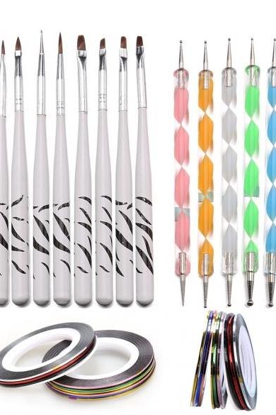 5pcs 2way Dotting Pen Marbleizing Tool + 8pcs Nail Art Brush + 10pcs Nail Striping Tape Tool Kit Set