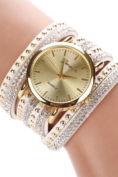 Fashion Rhinestone Rivet Circle Belt Synthetic Leather Bracelet Watch Wrist Watch