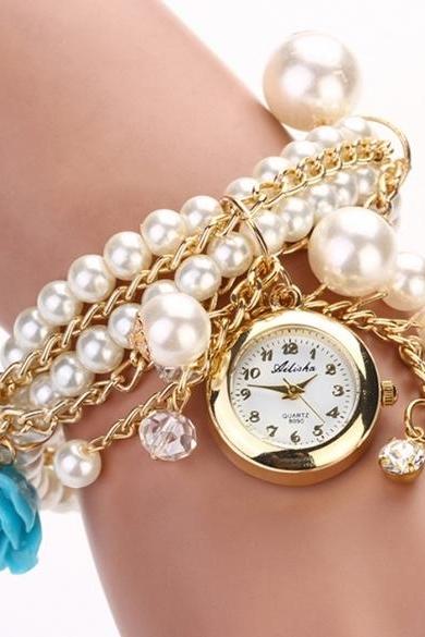 Sell Women Rose Flower Faux Pearl Round Dial Quartz Bracelet Wrist Watch