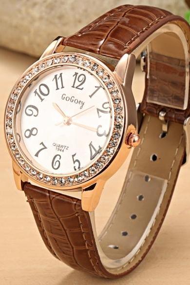 Women Fashion Synthetic Leather Large Dial Rhinestone Quartz Analog Wrist Watch Wristwatches