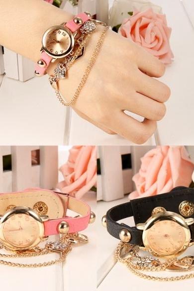 Hot Women Faux Leather Strap Round Dial Quartz Watch Heart Chain Bracelet Wrist Watch