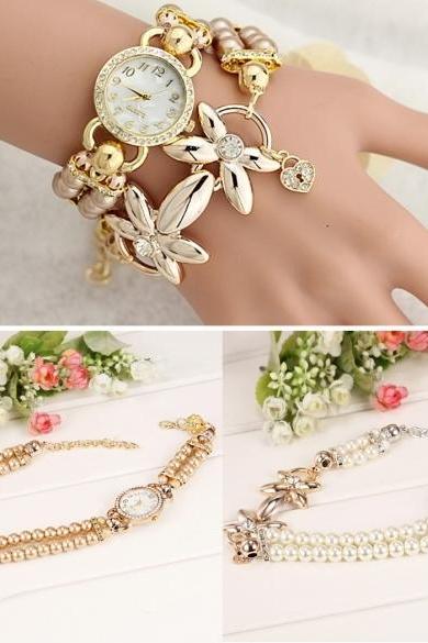 Women Beads Band Wristwatch Round Analog Battery Charming Link Chain Casual Party Watch