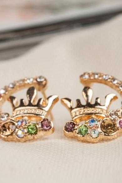 Fashion Ladies Chic Lovely Shinny Crystal Rhinestone Hollow Crown Ear Stud Earring Gift