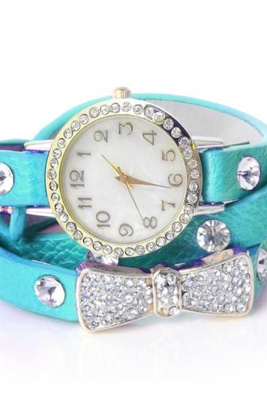 Wrap Around Bowknot Crystal Synthetic Leather Chain Women's Quartz Wrist Watches