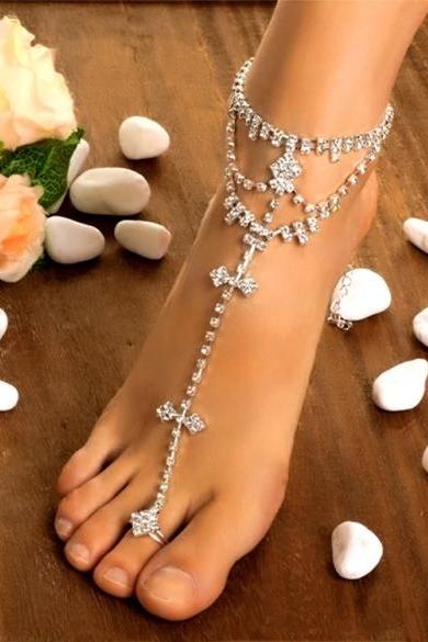 Fashion Women Foot Chain Rhinestone Barefoot Wedding Bride Anklets With Toe Ring