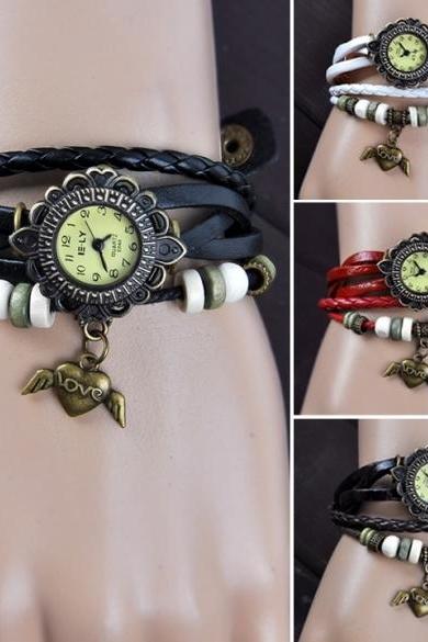 Women's Vintage Style Bronze Angel Heart Hollow Carved Leather Hand-woven Bracelet Watch