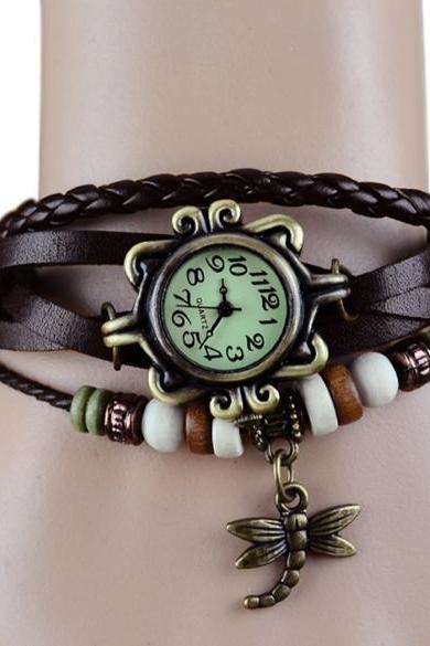 Women's Quartz Dragonfly Weave Wrap Synthetic Leather Bracelet Wrist Watch