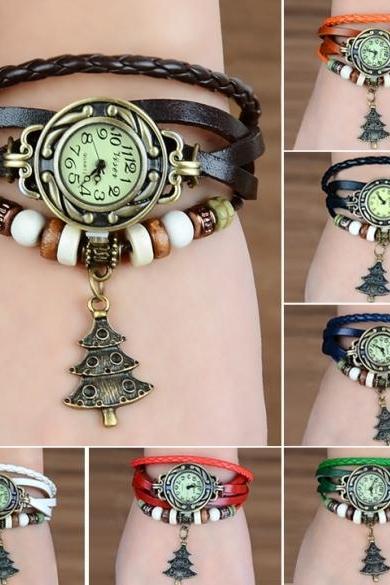 Women's Quartz Christmas Tree Weave Wrap Synthetic Leather Bracelet Wrist Watch