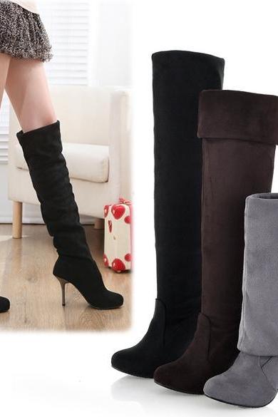 Women's Elegant Suede Over the Knee Thigh Stretchy High Heels Boot Shoes