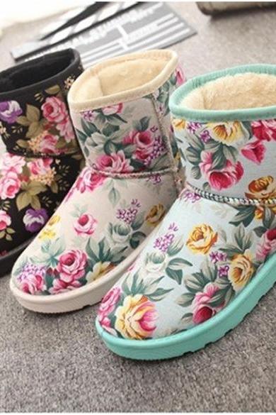 Fashion Women's Casual Winter Floral Round Toe Flat Plush Thicken Short Snow Boots