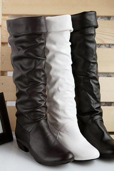 Women's Grace Devise Round Toe Synthetic Leather Flat Knee High Boots