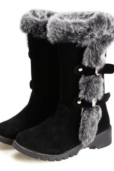 Fashion Women Flats Snow Boots Casual Thicken Winter Warm Faux Fur Shoes