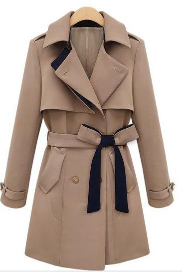 Turn-down Collar Long Sleeves Patchwork Mid-length Coat With Belt