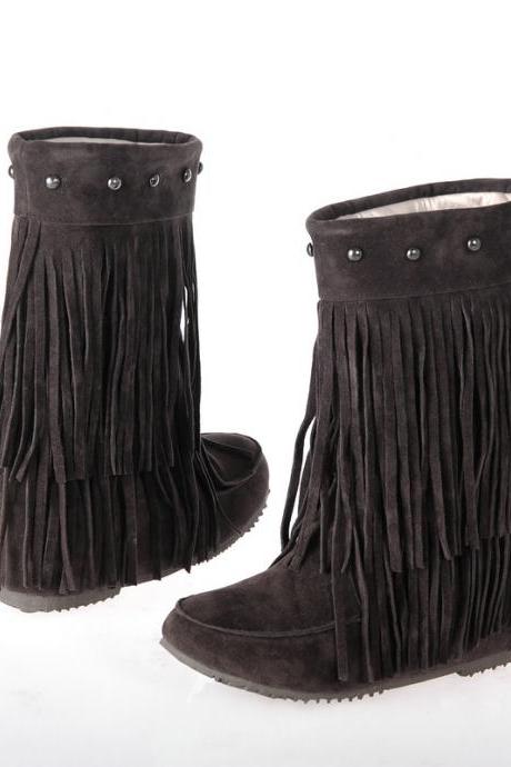 Women Suede Double Tiered Fringe Boots With Beaded Studs