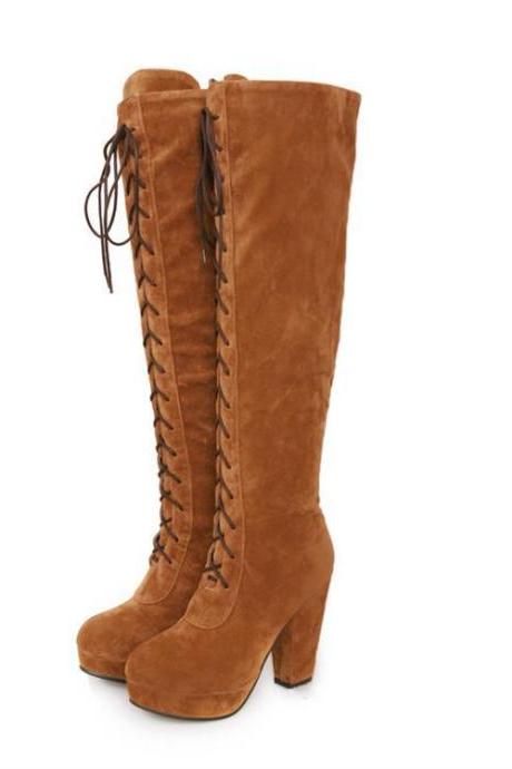 British Style High Heel Cross Strap High Thick Boots