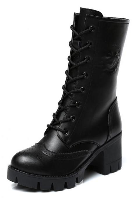 High Lace-Up Leather Cleated Boots 