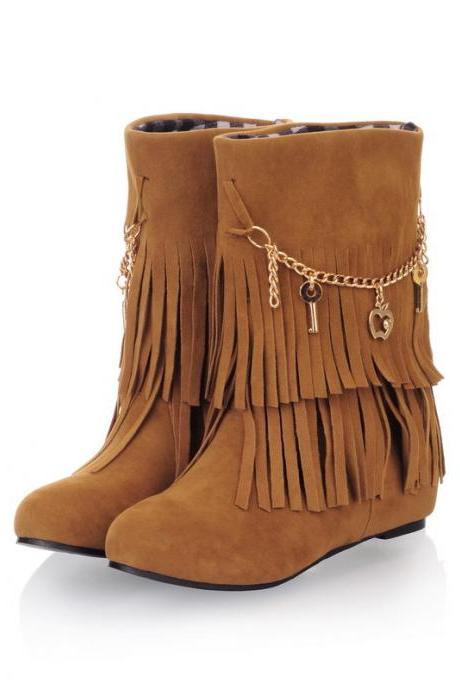Women Suede Double Tiered Fringe Boots Adorned with Metallic Charms