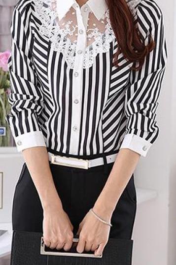 Turn-down Collar Long Sleeves Plus Size Striped Lace Patchwork Blouse