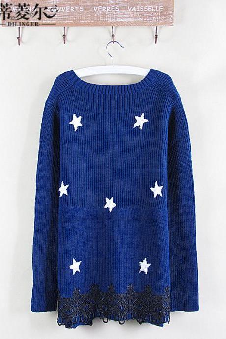Dropped Shoulder Stars Korean Knit Long Sweater