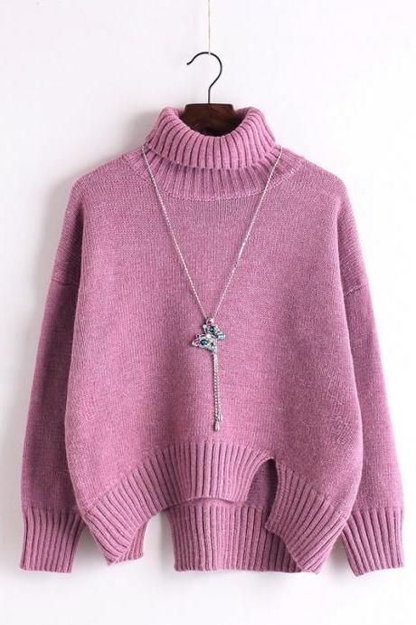 Knitted Turtleneck Long Cuffed Sleeves Sweater Featuring Slits