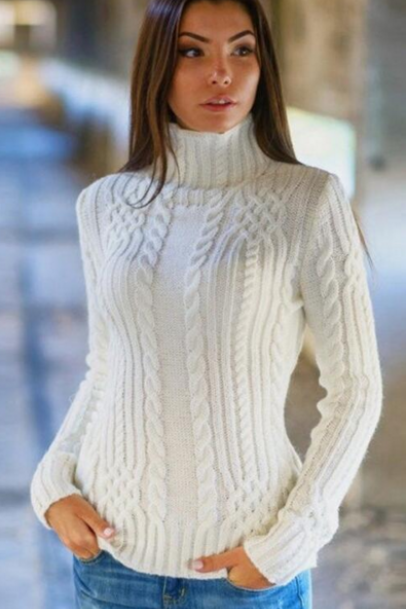 Cable High-neck Solid Slim Pullover Short Sweater