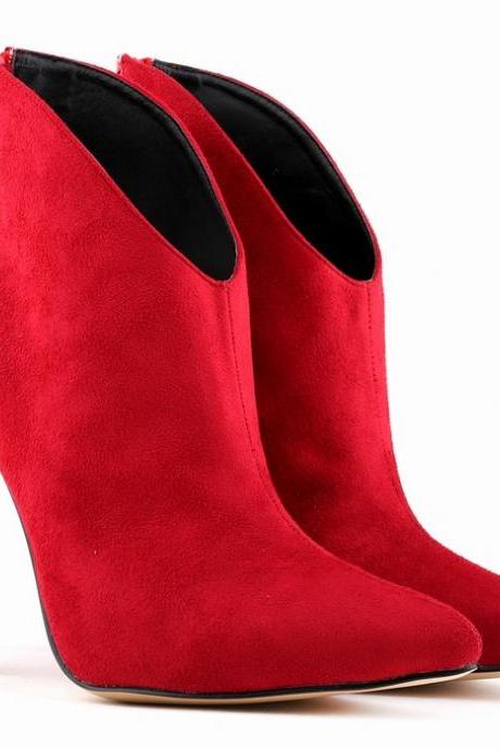 Suede Pointed Head High Heel Zippered Ankle Boots