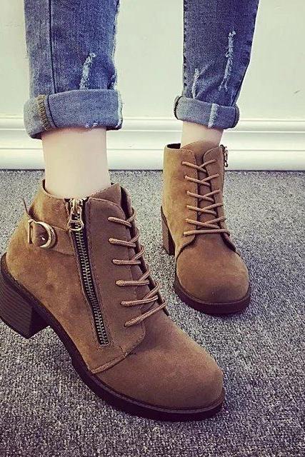 Lace Up Side Zipper Buckle Moto Boots