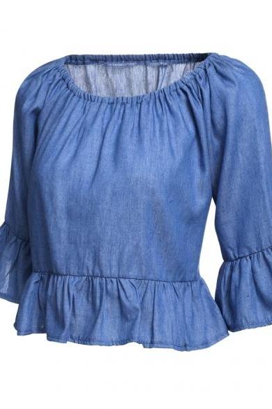 Round Neck Blue Crop Top with 3/4 length Ruffled Sleeves