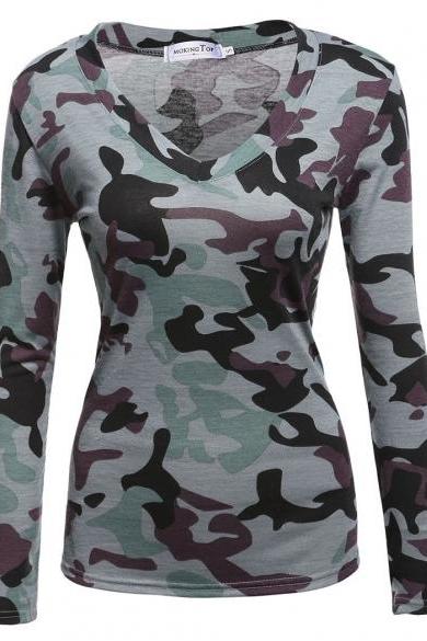 Women Fashion Casual Slim V Neck Long Sleeve Pullover Camouflage T-Shirt Tops