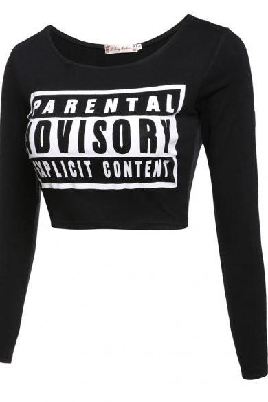 Sexy Women's Long Sleeve O-Neck Letter Print Slim Crop Tops