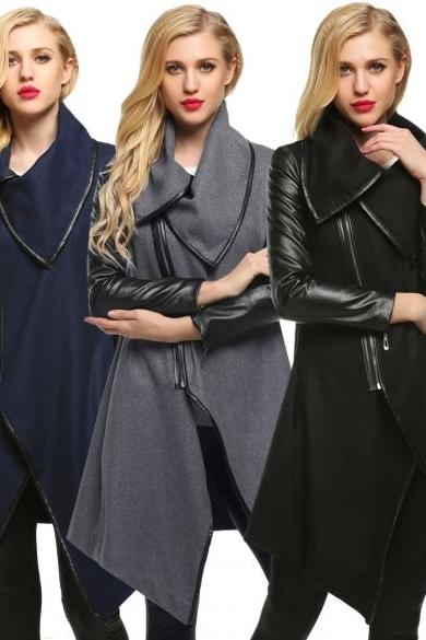 Finejo Women Fashion Lapel Long Sleeve Zip-up Faux Leather Patchwork Irregular Hem Wool Blend Coat Outwear