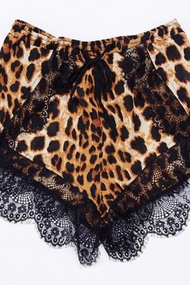 Fashion Ladies Women Casual Elastic High Waist Leopard Lace Decor Club Loose Mini Shorts