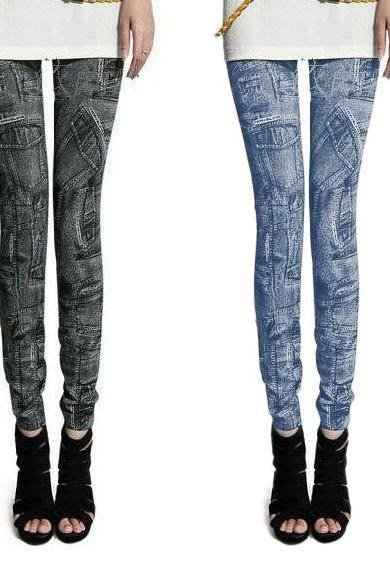 Women Fashion Jeggings Stretch Skinny Leggings Tights Pencil Pants Casual Pocket Pattern Jeans