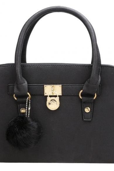 Faux Leather Top Handle Handbag with Pad Lock Décor