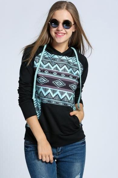 Women Casual Drawstring Hooded Raglan Sleeve Print Pullover Hoodie Sweatshirt