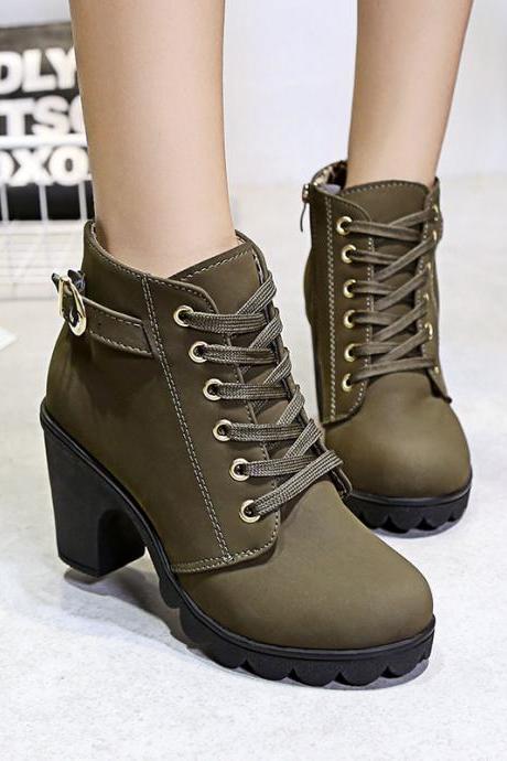 Winter Lace Up Belt Buckle Chunky Heel Martin Boots