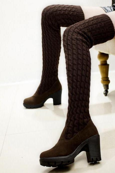 Fashion High Heeled Knee-high Wool Canister Warm Boots