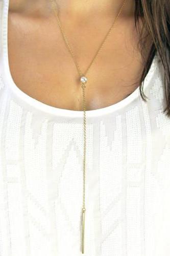 Vertical Gold Bar Minimal Y Chain Necklace 
