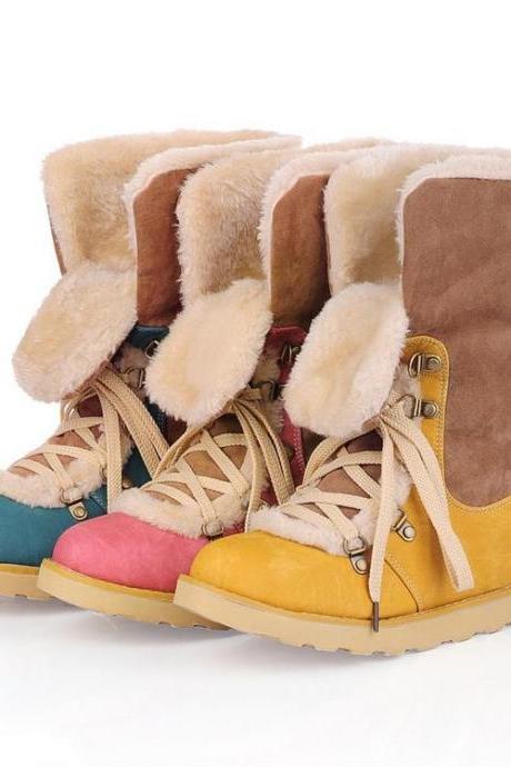 Patchwork Lace Up Fur Lining Flat Martin Boots