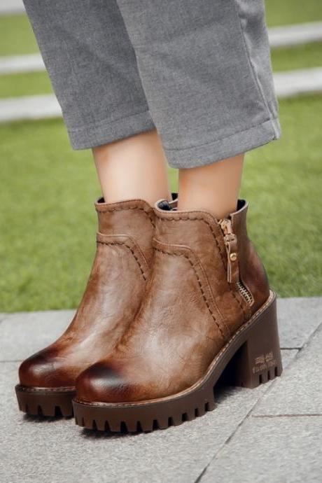 Chunky Heels Ankle Boots with Side Zippers