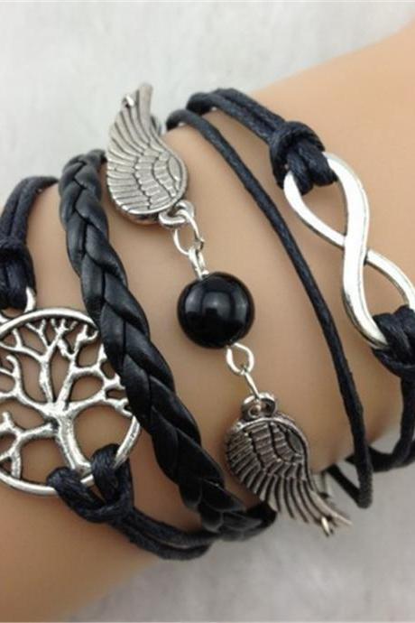 Multiple Wings With Pearl Fashion Leather Cord Bracelet