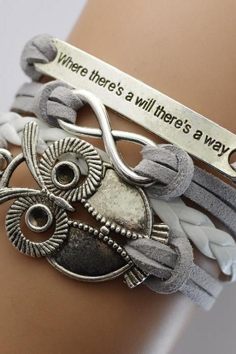 Grey Velvet Rope Weaving Owl Bracelet