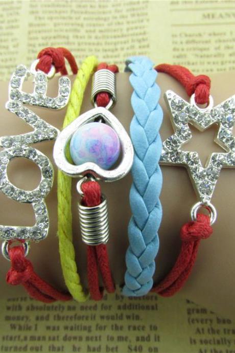 Beautiful Crystal Stars Love Leather Cord Bracelet