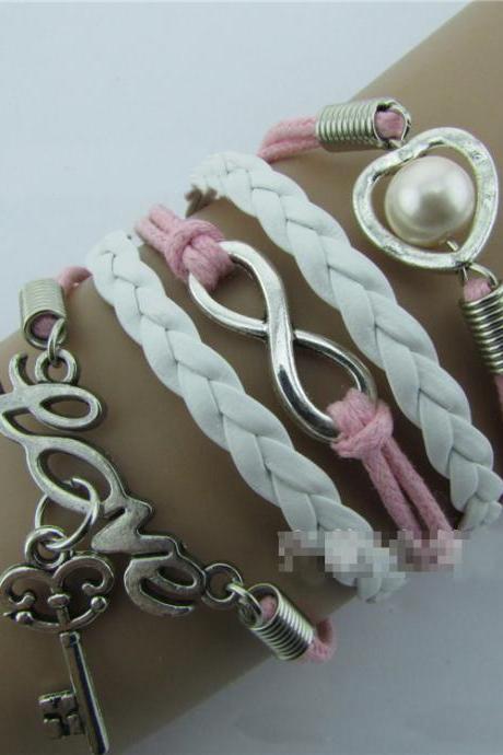 LOVE Hearts Key pearl Hand-made Leather Cord Bracelet
