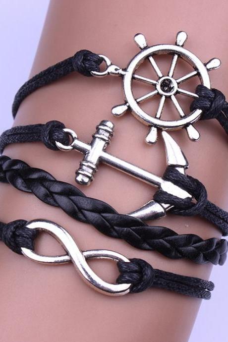 Personality Black Anchor Rudder Multilayer Woven Bracelet
