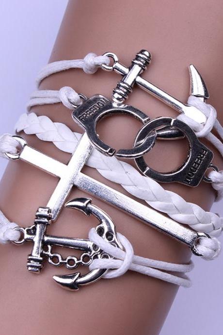 Handcuffs Anchor White Wax String Woven Bracelet