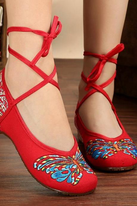 Butterfly Embroidery National Style Heels Shoes
