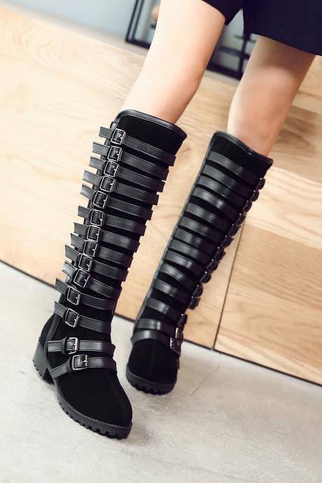 Multilayer Buckle Belt Tall Canister Frosted Boots