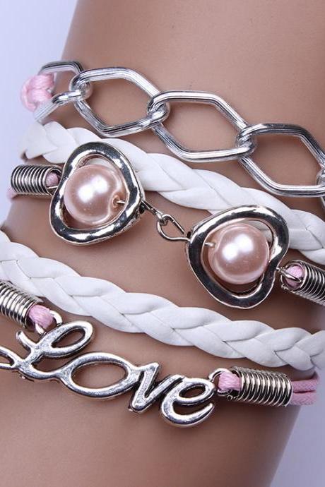 Sweet Pink Chain Heart Pearl Love Bracelet