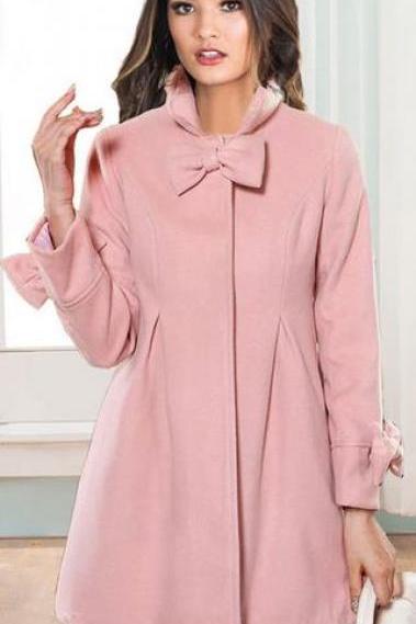 Bowknot Long Sleeves Stand Collar Pure Color Flare Slim Coat